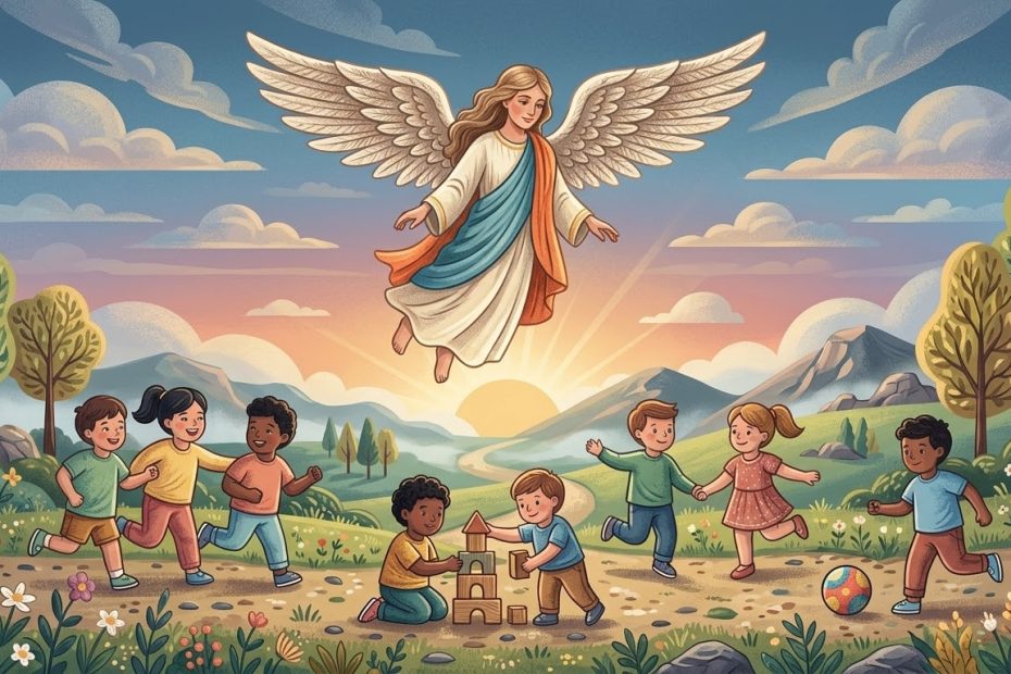 Primo Giorno: Protezione dell'Infanzia - un gruppo di bambini che gioca sotto lo sguardo benevolo di un angelo con le ali spiegate